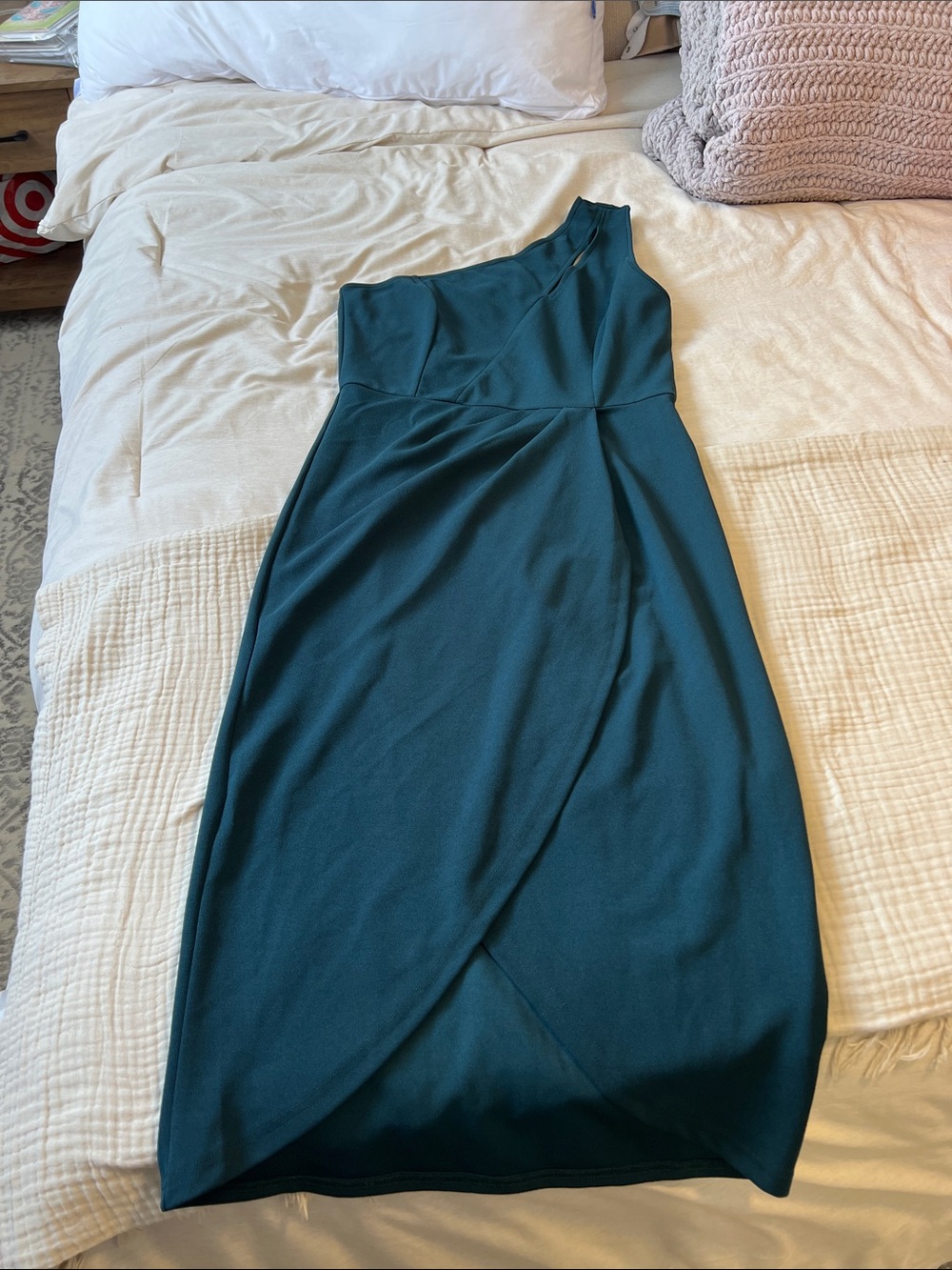 One-Shoulder Teal Wrap Sheath Dress for Women